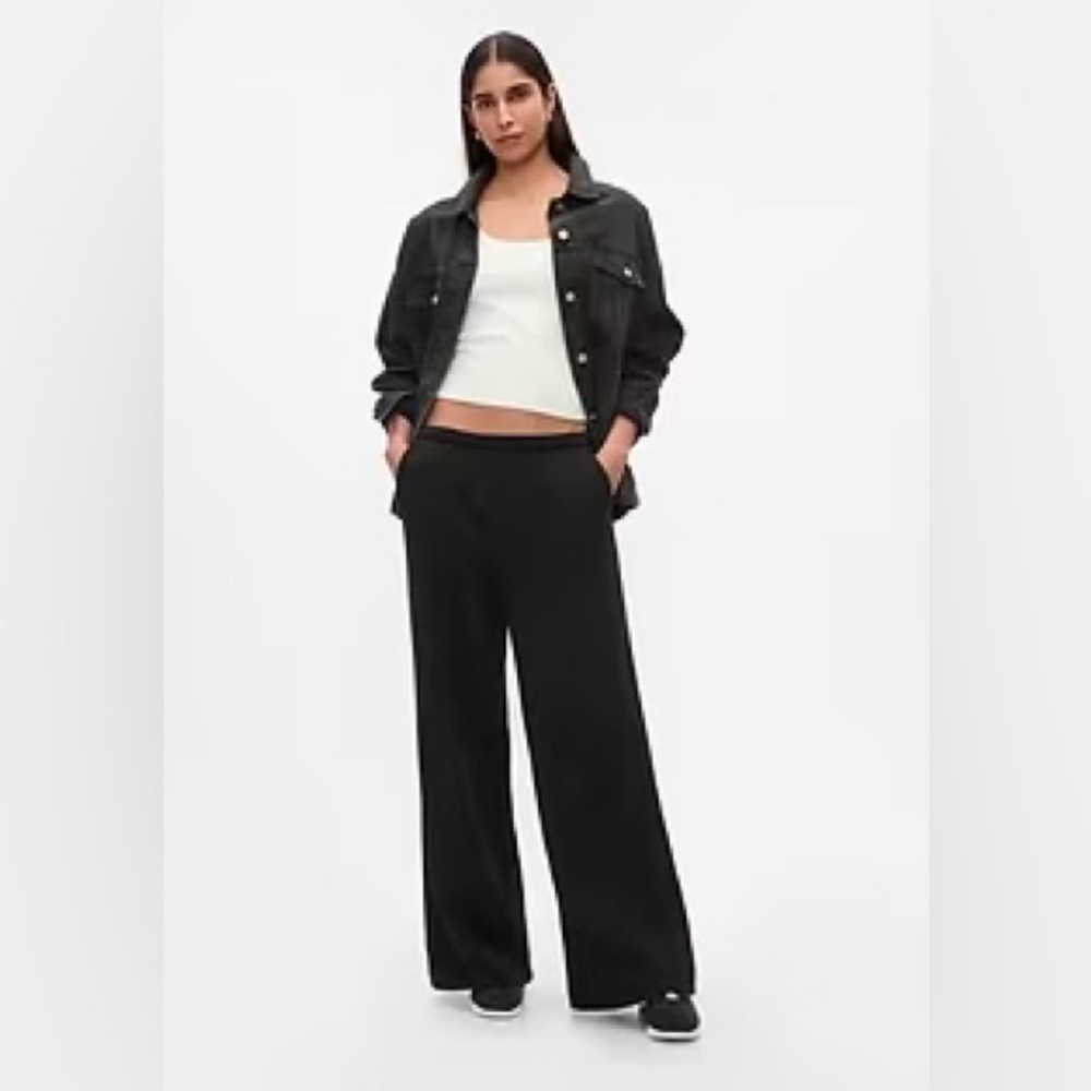 GAP Body Ribbed Wide Leg Pull On Pants Size XL 30 Inseam Mid Rise Pockets Black - Picture 1 of 11